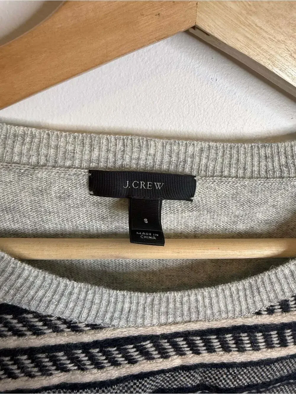 J. Crew Gray Crewneck Sweater with Navy and Cream Stripes wool rabbit hair small